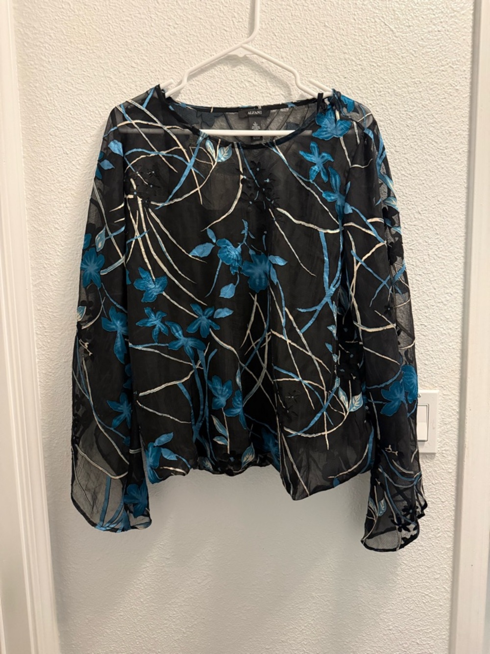 Alfani Black Sheer Blouse with Teal Floral Print - Picture 3 of 8